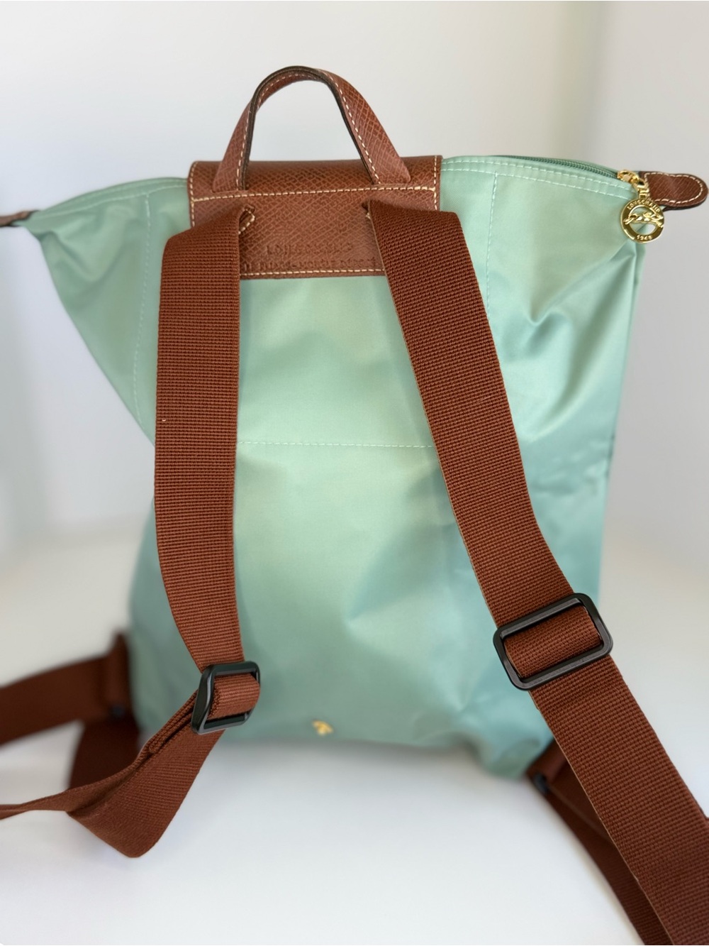 Longchamp Pliage Light Green Nylon Backpack with Brown Trim - Picture 2 of 6